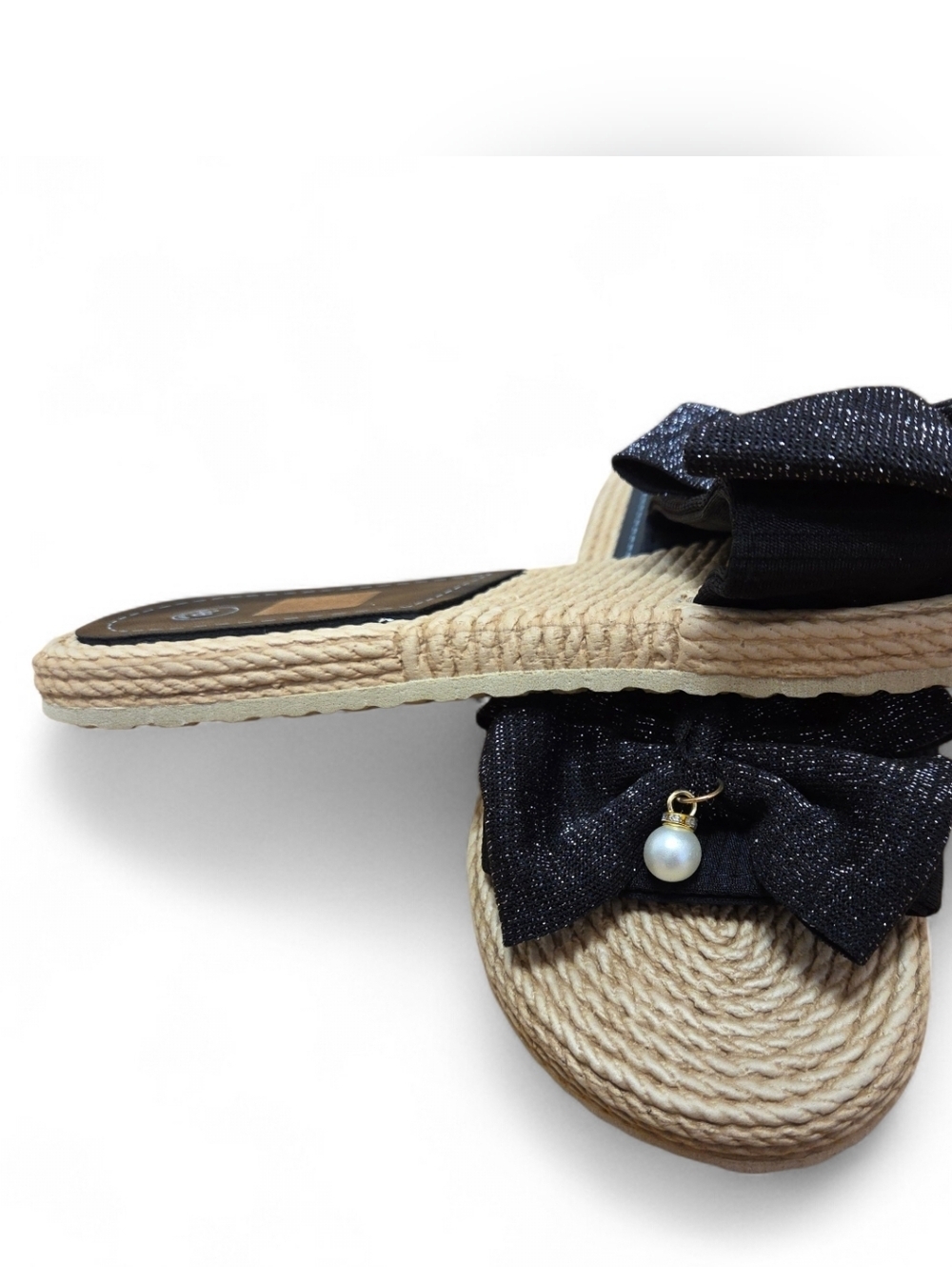 Women's Black Bow Slide Sandals with Pearl Accent Size 7 - Picture 3 of 5